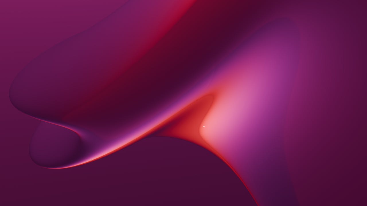 Vivid abstract 3D render featuring smooth, flowing forms and rich purple-red gradients.
