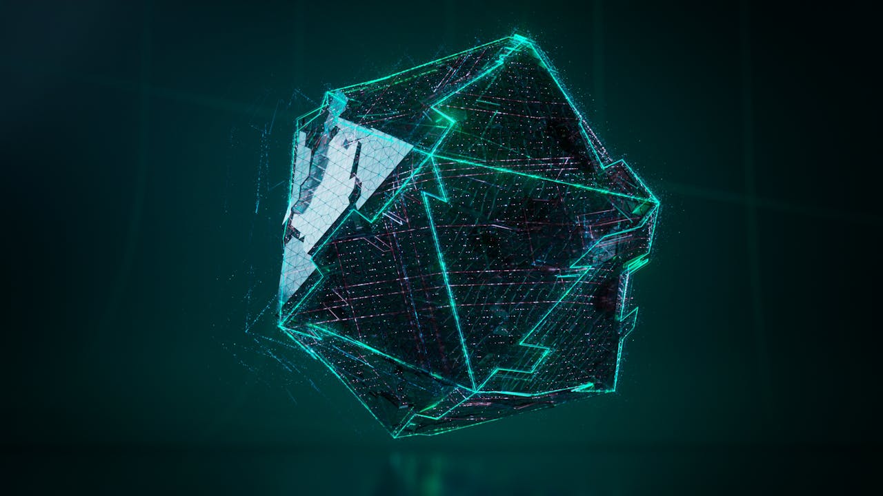 Abstract 3D geometric shape with neon green glow, digital art style, futuristic concept.